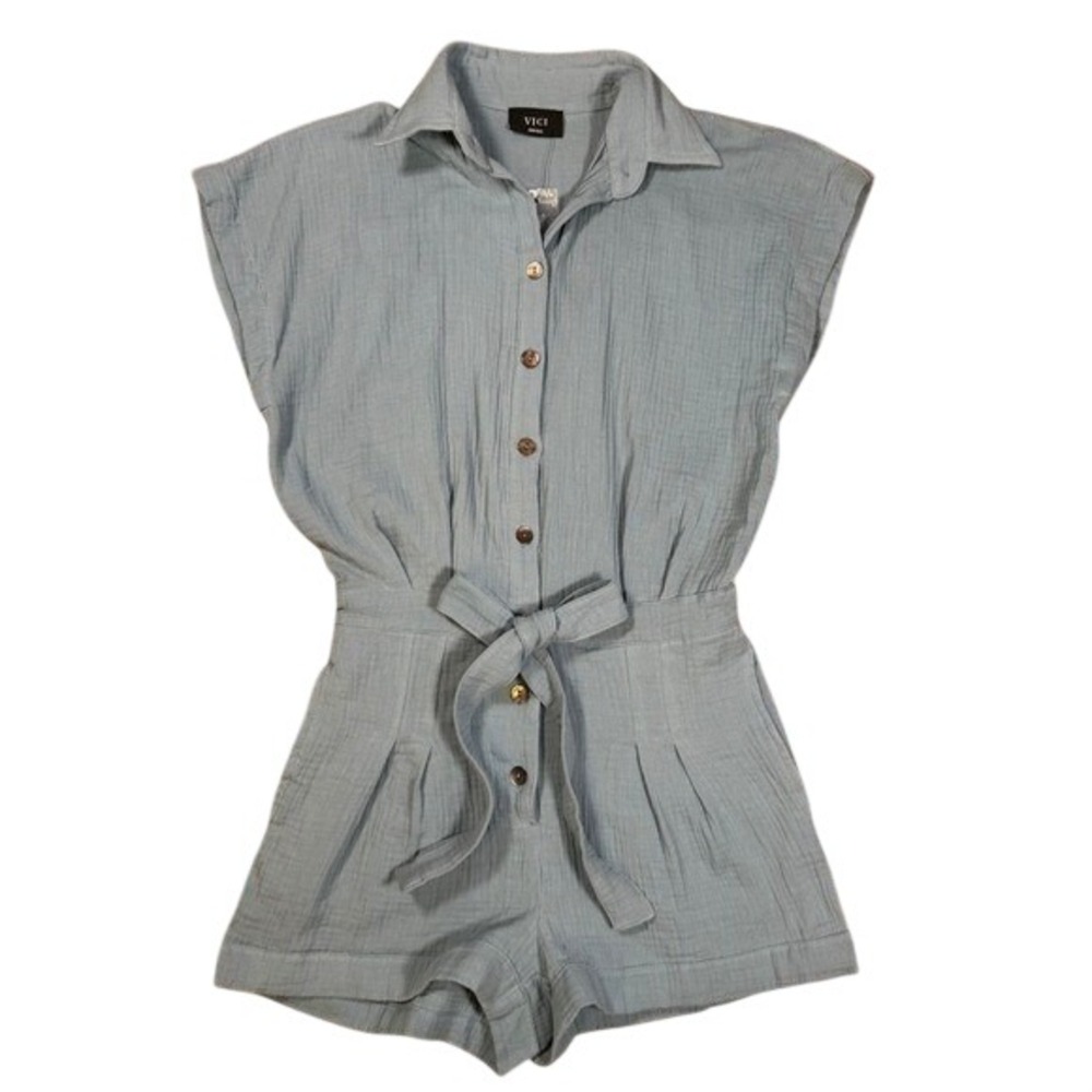 Coastal Soft Girl‎ Beachy Blue Cotton Gauze Button Front Tie Waist Romper Collar
